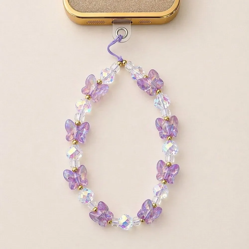Iridescent Beaded Phone Wrist Strap Butterfly Crystal Cute Aesthetic Wristlet